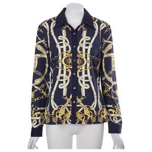 J. McLaughlin Betty Top M Blue Yellow Equestrian Print Catalina Cloth Button Up